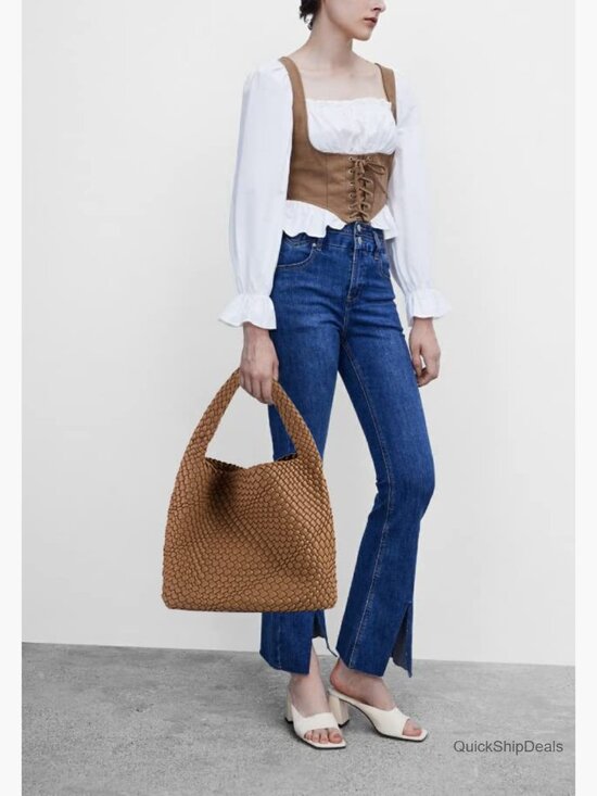 Hand Woven Vegan Leather Tote Bag Shoulder Bag With Purse - Picture 2 of 7